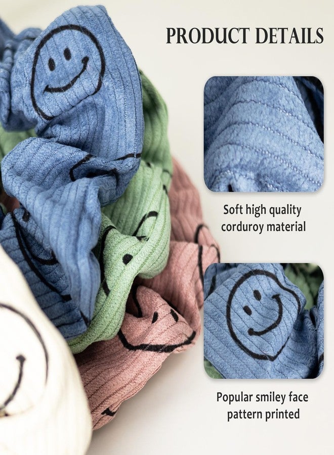 Eunoir 4PCS Large Corduroy Hair Scrunchies for Women and Girls, Thick Elastic No Damage No Crease Hair Ties, Cute Happy Face Series Fabric Hair Accessories (Classic) - Image 3